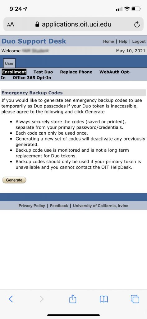Generate emergency backup codes